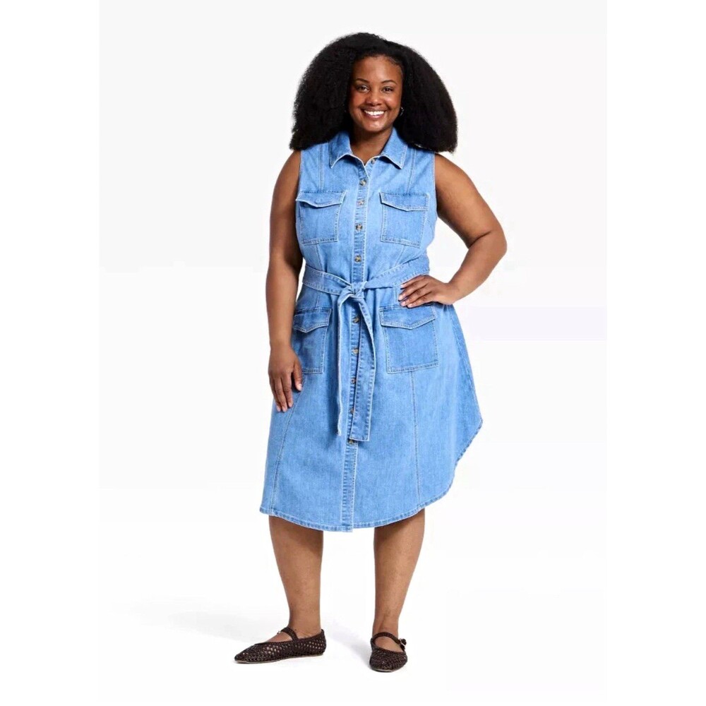 Ava & Viv Women's Plus Blue Denim Sleeveless Button Belted Midi Shirt Dress 22